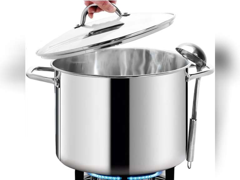 HOMICHEF 12 Quart LARGE Stock Pot with Glass Lid - NICKEL FREE Stainless Steel Healthy Cookware Stockpots with Lids 12 Quart - Mirror Polished Induction Pot - Commercial Grade Soup Pot Cooking Pot 12QT LARGE - 4LBS HEAVY Mirror Polished Stainless Ste