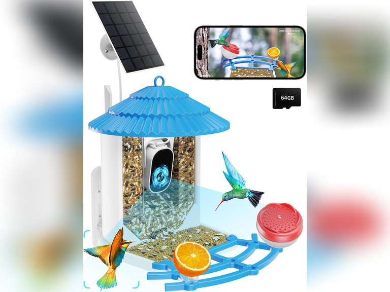 Bird Feeder with Camera Solar Powered, Wireless Outdoor, AI Bird Identifier,Smart Bird House with cam, Build-in 64GB TF Card, 4K Night Vision, Idea Gift for Family and Friends Watching Bird 129