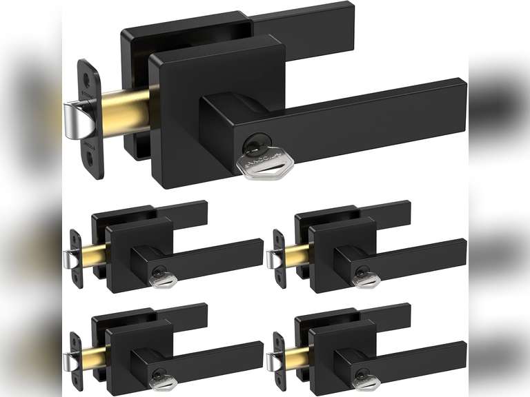 TICONN 5Pk Door Handle Heavy Duty, Reversible Square Door Lever for Bedroom, Bathroom and Rooms (silver Keyed Entry - Keyed Alike, 5 Pack) 100