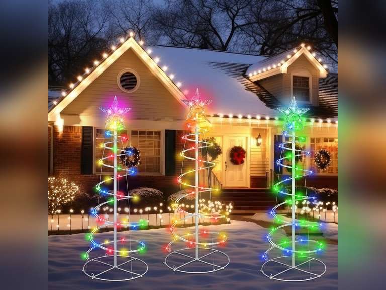 VIHOSE 3 Pcs LED Spiral Christmas Trees Outdoor Light up Xmas Tree Collapsible Multicolor Smart LED Lighted Mode Christmas Tree with Star Topper for Christmas Outside Yard Porch Home (3ft) 80