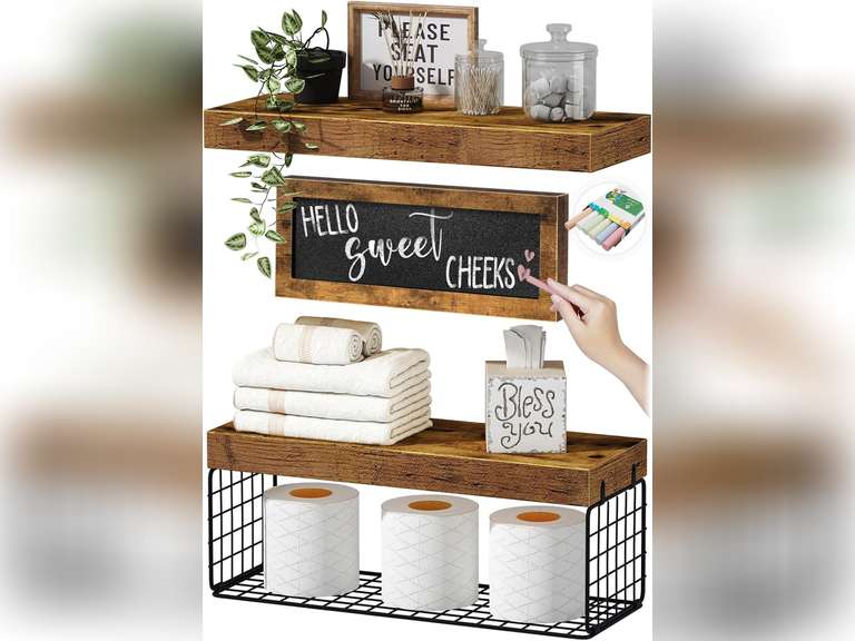 QEEIG Bathroom Shelves Over Toilet Paper Storage Wall Mounted Farmhouse Decor Decorations Chalkboard Small Floating Wall Shelf 2+1 Set 16 inch, Rustic Brown (021BN) 30