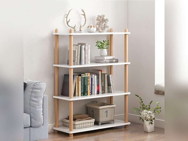 IOTXY 4-Tier Wooden Shelf Bookcase - Modern Open Bookshelf, Free Standing Storage Rack, Multifunctional Display Stand for Home and Office, White, Rectangle 90