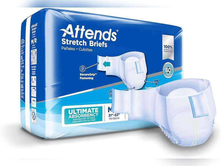Attends Stretch Adult Disposable Briefs, Medium/Regular, 31"-52" Waist with Tab Closure, Ultimate Absorbency with Dry-Lock Containment Core, 96ct Bag 65