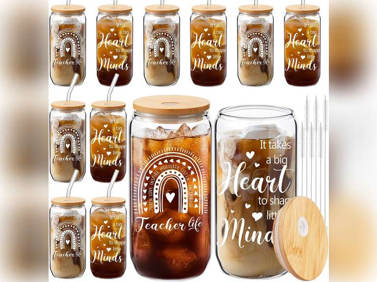12 Pcs Teacher Appreciation Gift for Women Christmas Gift Mason Jar Glass Cup 16 oz Coffee Drinking Jar with Lid and Straw Cleaning Brush Drinking Graduation Gift for Birthday Women Teacher 45