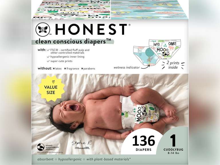 The Honest Company Clean Conscious Diapers | Plant-Based, Sustainable | Above It All + Barnyard Babies | Super Club Box, Size 1 (8-14 lbs), 136 Count 49