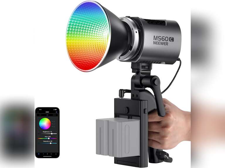 NEEWER MS60C RGBWW LED Video Light with 2.4G/APP Control, 65W Metal Mini RGB COB Continuous Output Lighting Bowens Mount Handheld Spotlight 2700K-6500K,8300lux/1m, CRI 97+/TLCI 98+,17 Effects + RGBCW 170