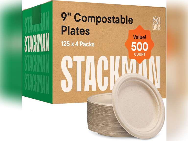 100% Compostable Paper Plates 9 Inch 500 Count Heavy-Duty Dinner Plates - Natural Brown Color Unbleached Bagasse - Eco-Friendly Disposable Biodegradable Sugarcane Plates - Bulk Case 4/125 Pack 56