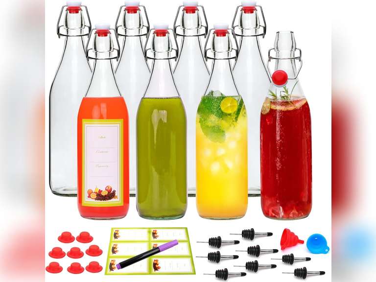 8 Pack 32oz Swing Top Glass Bottles,Flip Top Brewing Bottle with Airtight Stopper Lids, for Juice, Water, Kombucha, Wine, Beer Brewing, Kefir Milk or Eggnog(Bonus Gaskets and Funnel) 29