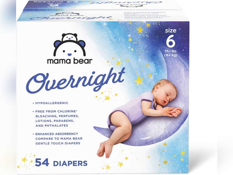 Amazon Brand - Mama Bear Overnight Disposable Baby Diapers, Hypoallergenic, Size 6 (54 count), Night Time Protection, White 20