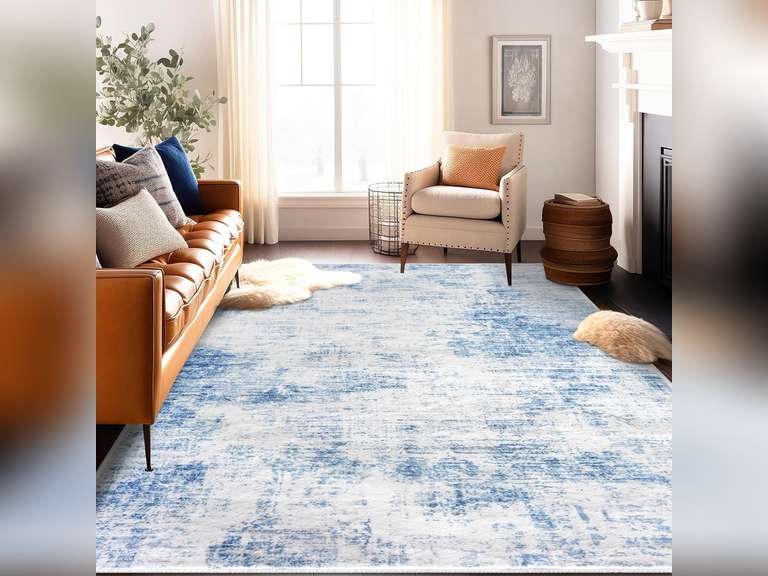 IOHOUZE Abstract Area Rugs 8x10 Ft Washable Large Rugs for Living Room, Non Slip Dining Room Rug, Printed Faux Wool Rugs for Bedroom, Floor Carpet for Office Nursery Playroom, White Blue 130