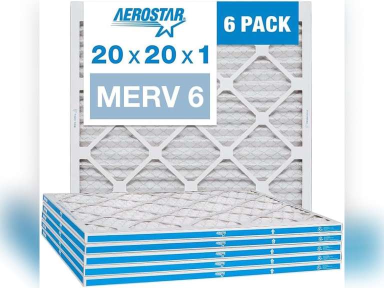 Aerostar 20x20x1 MERV 6 Pleated Air Filter, AC Furnace Air Filter, 6 Pack (Actual Size: 19 3/4" x 19 3/4" x 3/4") 34