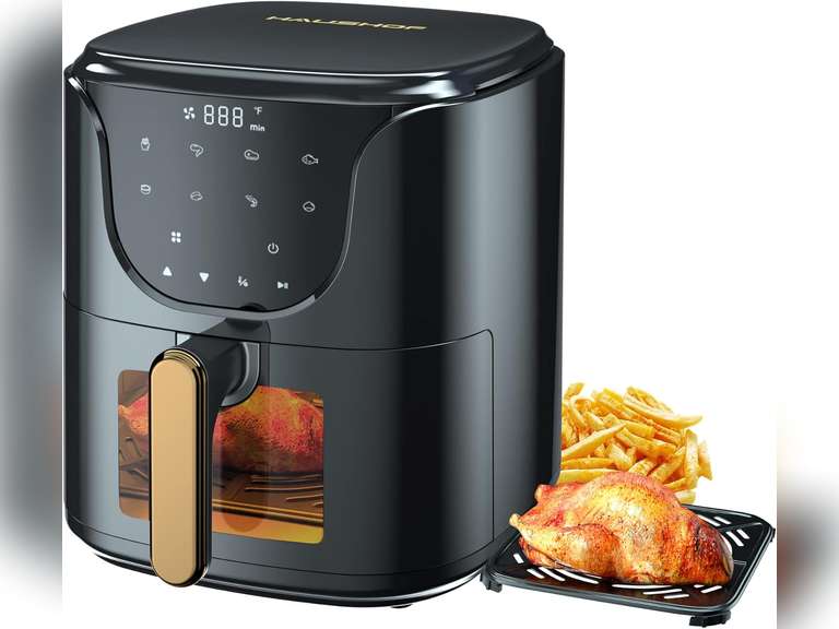HAUSHOF 5.8 QT Air Fryer Small Oven, Digital Oil-Less Cooker Airfryer, 8 Presets Cooking Functions, Roast, Bake, Reheat, Cook Quikly with Nonstick Tray, Black 100