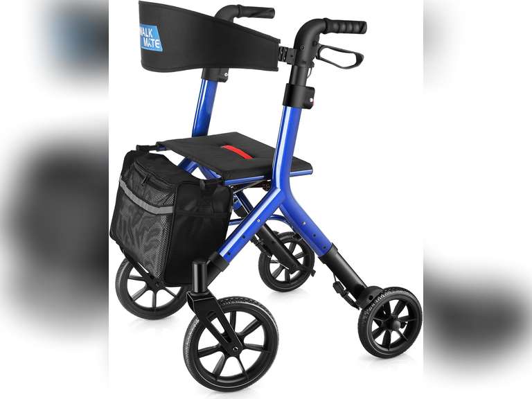 Rollator Walker for Seniors Taller 5.3~7ft with Height-Adjustable Seat, 10 Inch Wheels Wire-Hidden Walkers Compact Folding Design Lightweight Mobility Walking Aid Widen Backrest, Blue 180