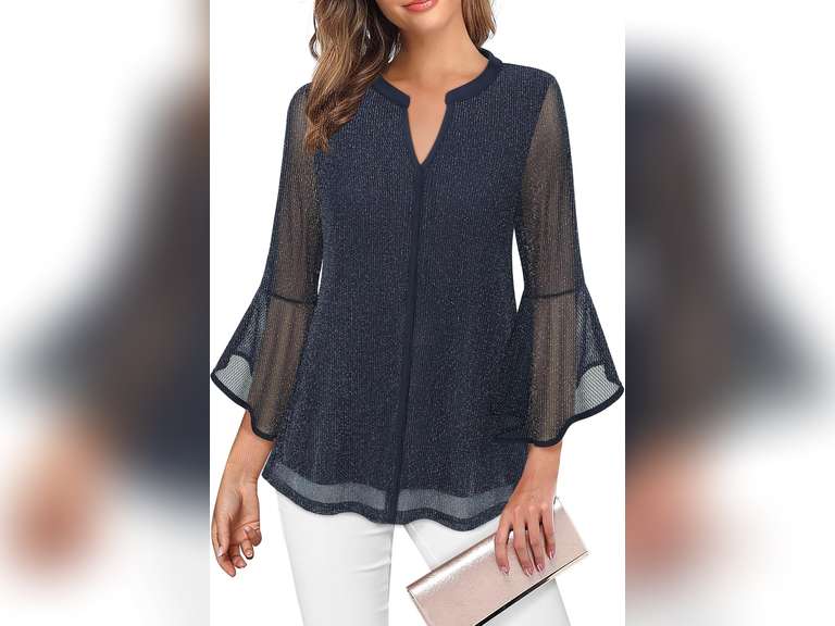 VALOLIA Women's 3/4 Sleeve Dressy Blouses Shirts Casual Loose Fit Mesh Layered Flowy Tunic Tops(L) 27