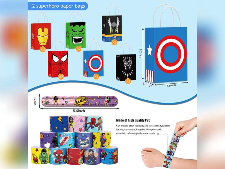 Superhero Party Favors, 122 Pcs Superhero Birthday Party Decorations include a Face Stickers, Gift Bags, Masks, Slap Bracelet, Stickers, Button Badges, Stamps, Best Gift Bag Filler for Themed Party 28