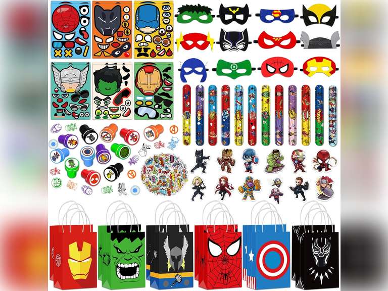 Superhero Party Favors, 122 Pcs Superhero Birthday Party Decorations include a Face Stickers, Gift Bags, Masks, Slap Bracelet, Stickers, Button Badges, Stamps, Best Gift Bag Filler for Themed Party 28