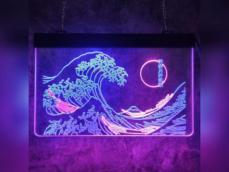 The Great Wave Off Kanagawa LED Neon Sign, Japanese Katsushika Hokusai Sign Classic Room Wall Art, Cool Ukiyoe Neon Light Signs for Wall Decor Interior Decoration 8X12 Inches(Blue & Pink) 46