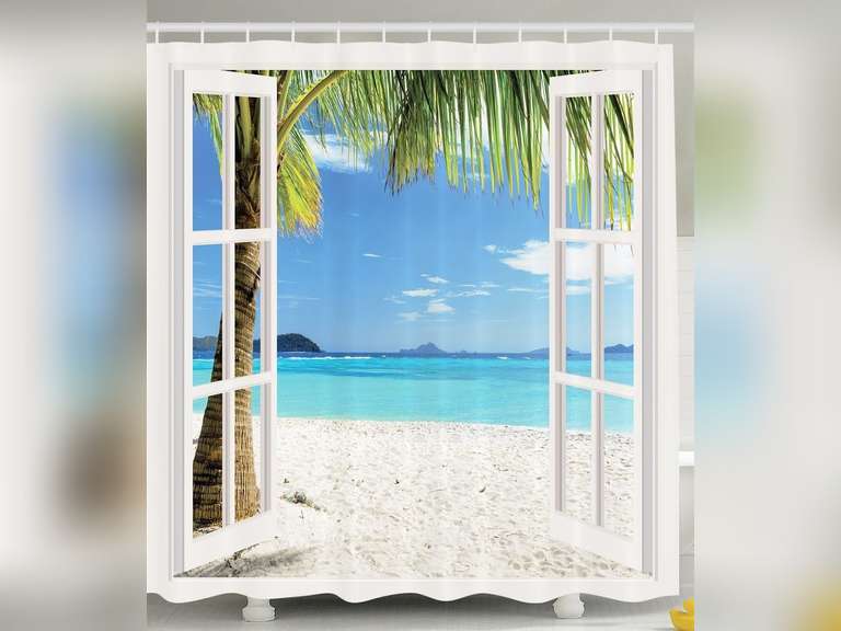 Ambesonne Turquoise Shower Curtain Beach Home Tropical Palms on Island Ocean Through White Wooden Windows Cloth Fabric Set with Hooks for Bathroom Decor and Backdrop 69" W x 70" L Blue Green and White 18