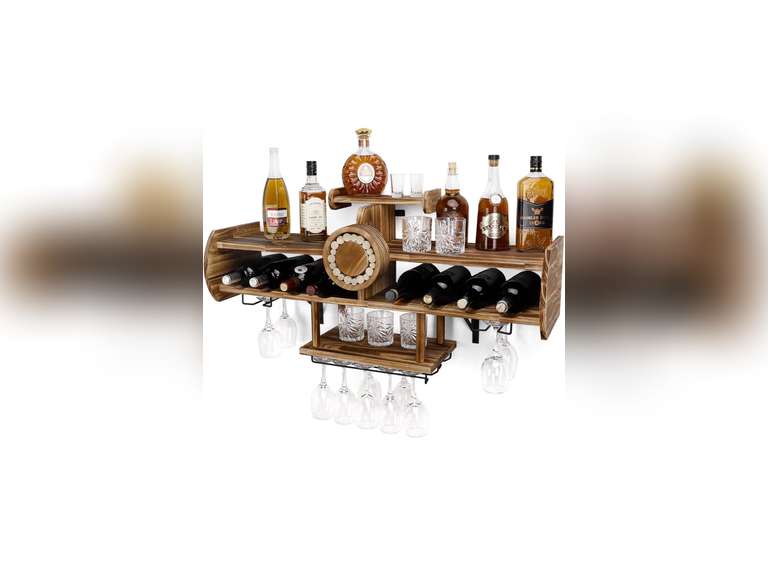 Homde Wine Rack Wall Mounted Wood,Wine Shelf with Bottle Stemware Glass ...