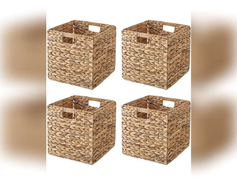 Water Hyacinth Storage Baskets - Set Of 4 Foldable 11x11x11 Inch Wicker Organizer Bins