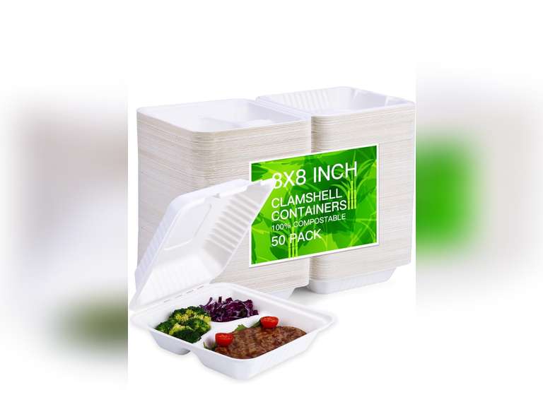 100% Home Compostable 50 Pack Disposable Clamshell Take Out Food ...