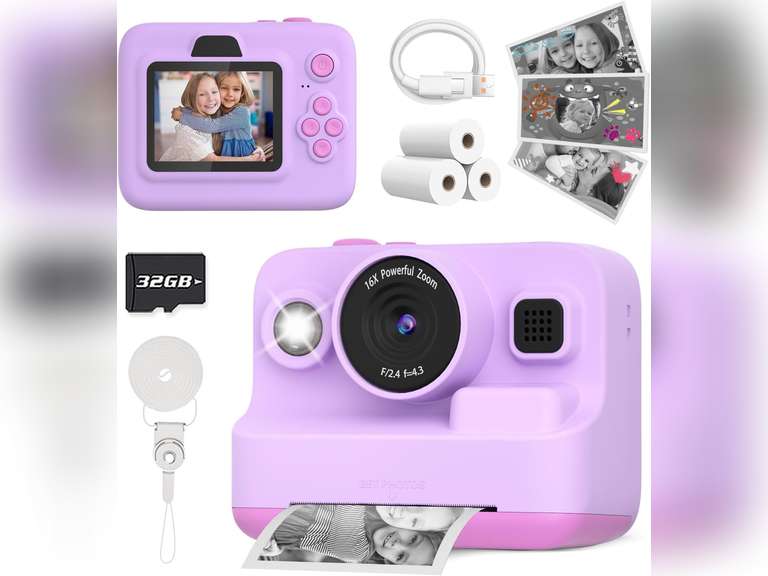 Yehtta Instant Print Camera for Kids, Christmas Birthday Gifts for 3-12 Year Old Girls Boys, 2.4in Screen 1080P Video Digital Camera Toys for Kids Age 4 5 6 7 8 9 10 with 3 Rolls Print Paper 32G Card Purple 40