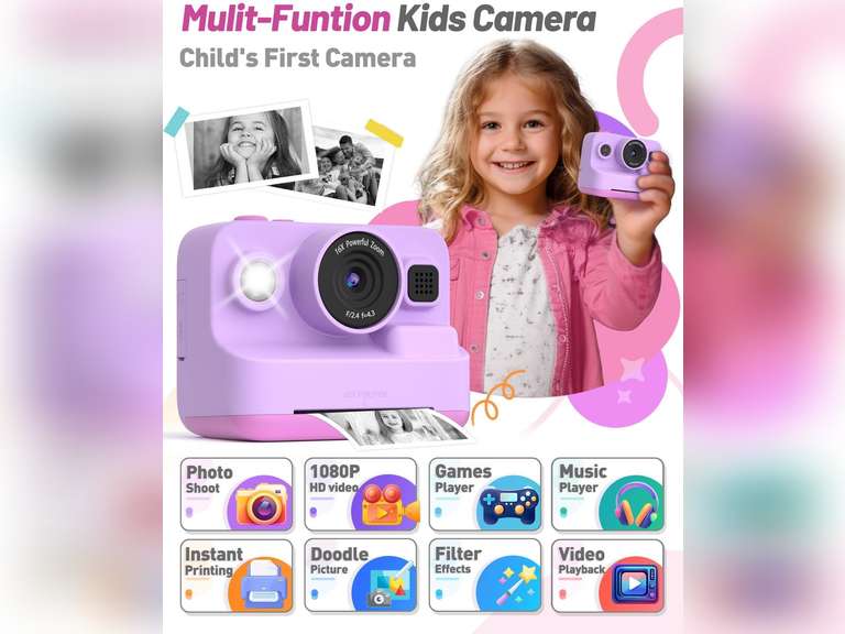 Yehtta Instant Print Camera for Kids, Christmas Birthday Gifts for 3-12 Year Old Girls Boys, 2.4in Screen 1080P Video Digital Camera Toys for Kids Age 4 5 6 7 8 9 10 with 3 Rolls Print Paper 32G Card Purple 40