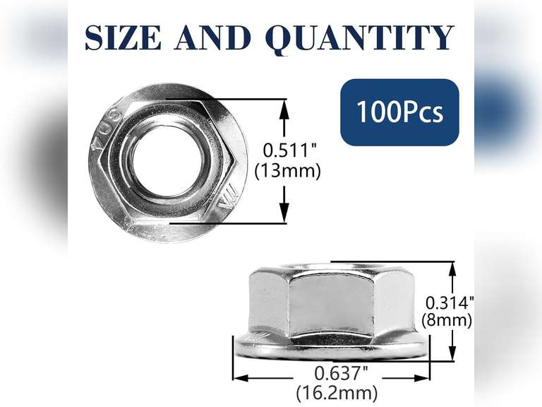 M8 x 1.25mm Serrated Flange Hex Lock Nuts 100Pcs 304 Stainless Steel 18-8, Full Thread, Hex Drive, Bright Finish by SG TZH M8 Silver 100 19