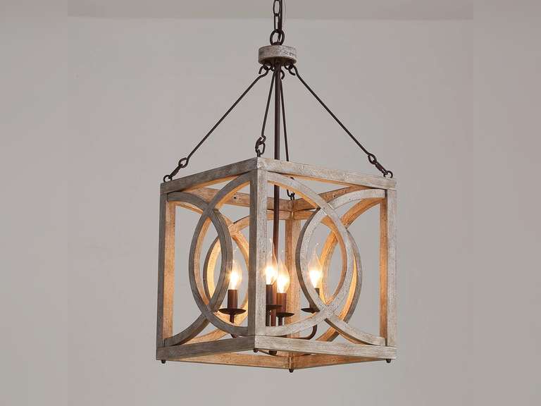 4-Light Rustic Farmhouse Chandelier – Distressed Wood & Black Metal, Adjustable Chain, E12 Candelabra Base, For Dining Room Or Kitchen Island