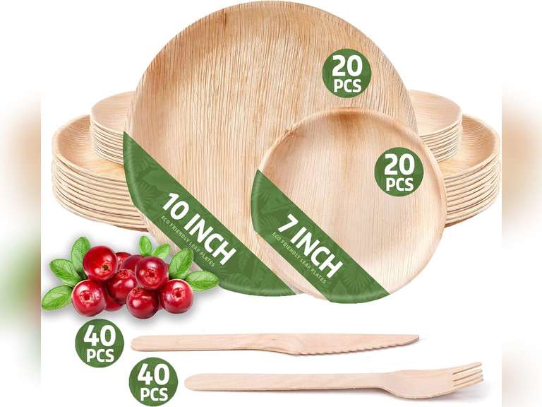 120 Pack Round Disposable Palm Leaf Plates Set - 40 Plates 7-10 40 Forks 40 Knives - Biodegradable & Compostable - Bamboo Plates Disposable Like - Perfect BBQs Camping Party Plates Sets with Cutlery 120 Pack 7-10 39