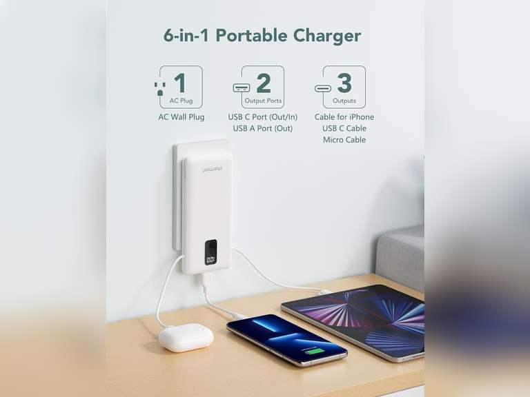Charmast Portable Charger with Built-in Cables and AC Wall Plug, 10000mAh Compact Slim Power Bank, External Battery Pack, Travel Accessories Compatible with iPhone, Android, All Cellphones White 25