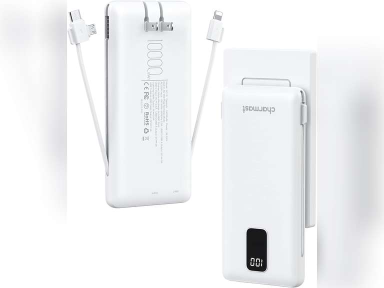 Charmast Portable Charger with Built-in Cables and AC Wall Plug, 10000mAh Compact Slim Power Bank, External Battery Pack, Travel Accessories Compatible with iPhone, Android, All Cellphones White 25