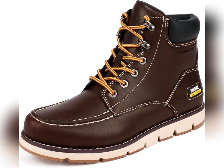 Mens Work Boots Moc Toe Wedge Botas De Trabajo Para Hombre Soft Toe Non Slip Industrial Construction Leather Boots/Shoes For Men Women 9.5 Dk Brown 80