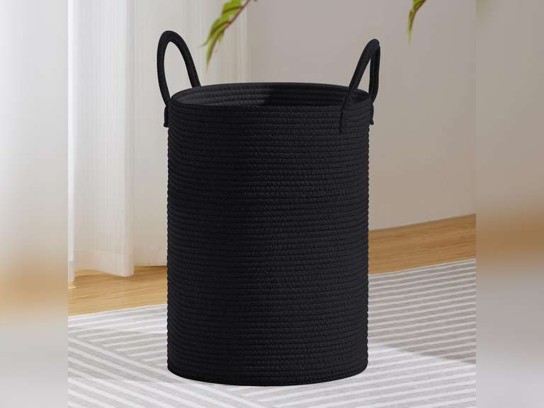VIPOSCO Large Laundry Hamper, Tall Woven Rope Storage Basket for Blanket, Toys, Dirty Clothes in Living Room, Bathroom, Bedroom - 72L Black 29