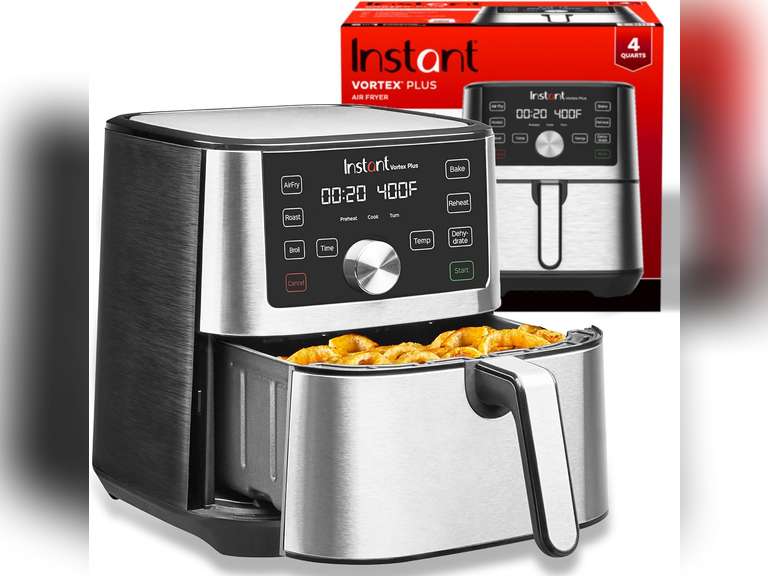 Instant Vortex Plus 4QT Air Fryer, Custom Program Options, 6-in-1 Functions Crisps, Broils, Roasts, Dehydrates, Bakes, Reheats, 100+ In-App Recipes, from the Makers of Instant Pot, Stainless Steel 110