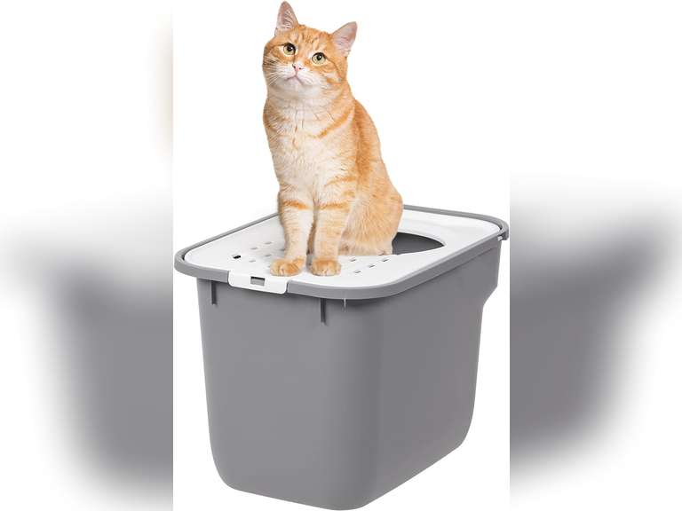 IRIS USA Square Top Entry Cat Litter Box, Kitty Litter Pan with Litter Particle Catching Cover and Privacy Walls, Gray/White Square w/o Scoop Gray/White 20