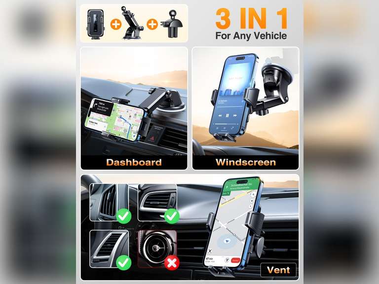 VANMASS 2024 Upgrade Top Military-Grade Car Phone Holder, Newest & Strongest Suction Cell Phone Car Mount Windshield Dashboard Vent Truck Stand Cradle for iPhone 15 Pro Max 14 13 12 Android Black 34