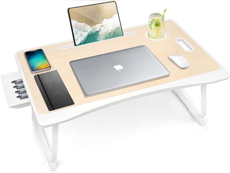 Amaredom Laptop Bed Desk Tray Bed Table, Foldable Portable Lap Desk Notebook Stand Reading Holder with Storage Drawer and Cup Holder for Eating Breakfast on Bed/Couch/Sofa-White Oak 29