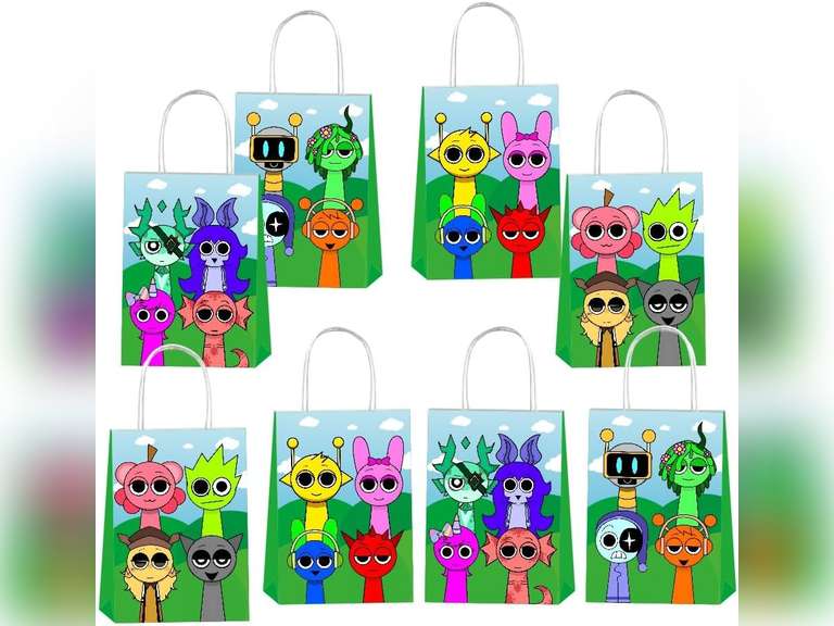 pocacy 16 pcs Sprunki Party Favor Goodie Bags Gift Bags with Handles for Sprunki Party Supplies Birthday Decorations 19