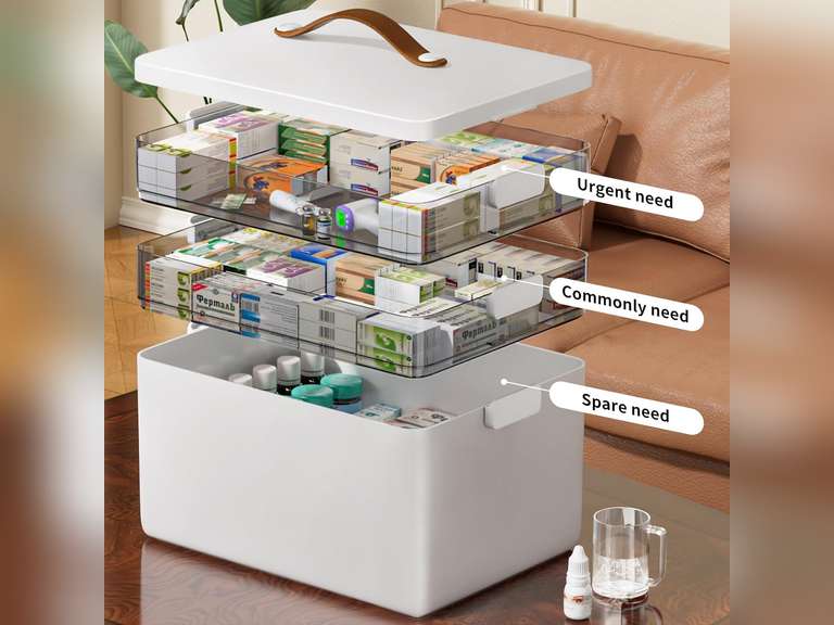 CTIME 3-Tier Medicine Storage Box - First Aid Kit Storage with Moisture-Proof Shading Design Portable Medicine Storage Box with a Leather Handle Ideal for Use in Homes Dorms 37