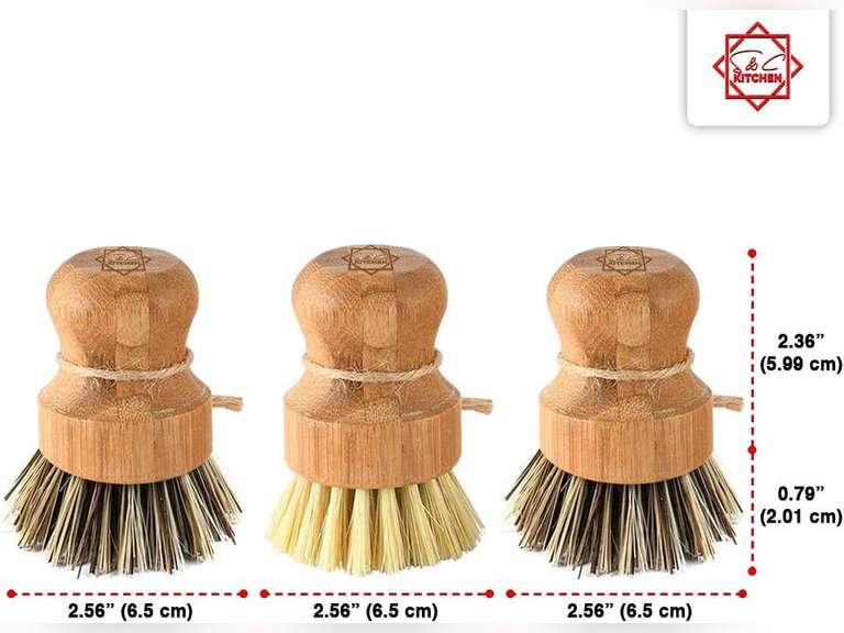 Bamboo Scrub Brush - S&C Kitchen, Cleans Pan/Vegetable/Dishes/Wok, Scrub Brush Dishes for Kitchen/Bathroom, Made Out of Palm & Sisal Bristles with a Handle, Vegetable Brush for Cleaning, Set of 3 14