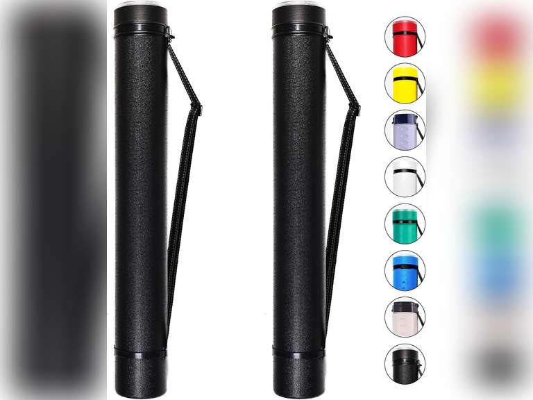 2-Pack Extendable Poster Tubes Expand from 24.5" to 40" with Shoulder Strap | Carry Documents, Blueprints, Drawings and Art | Black Portable Durable Round Storage Cases with Lids and Labels 28