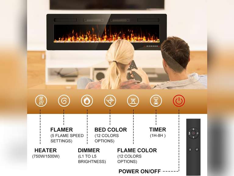 (Similar model) Tuan 60 inch Ultra Thin Electric Fireplace Inserts and Wall Mounted with Remote Control & Touch Screen 1500W Fireplace Heater with Timer 270