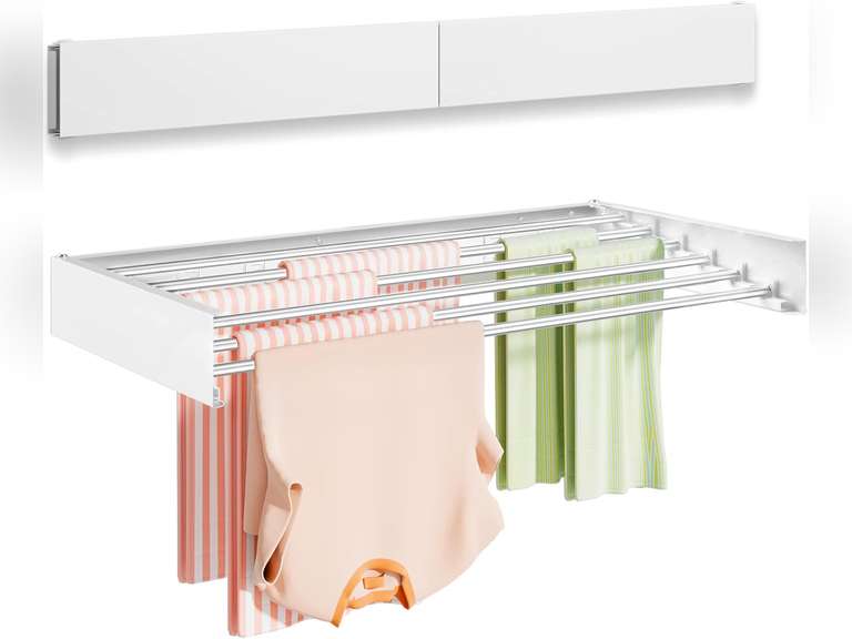 Wall Mounted Clothes Drying Rack 40 inches, Foldable Wall Mount Laundry Drying Rack Folding Indoor, Drying Rack Clothing Collapsible, Towel Drying Rack with Wall Template, 6 Rods, White 66