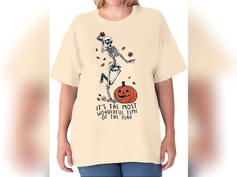 Plus Size Halloween Tshirt Women Dancing Skeleton Shirt Plus Pumpkin T-Shirt Skull Tee Fall Top size XXL 13