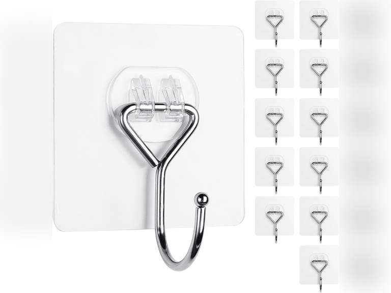 Meknow Large Adhesive Hooks Utility Hooks 12 Pack Waterproof and Rustproof Wall Hooks for Hanging Heavy Duty, Stainless Steel Robe & Towel Hanger 22Ib(Max) for Kitchen, Bathroom, Home and Office 10