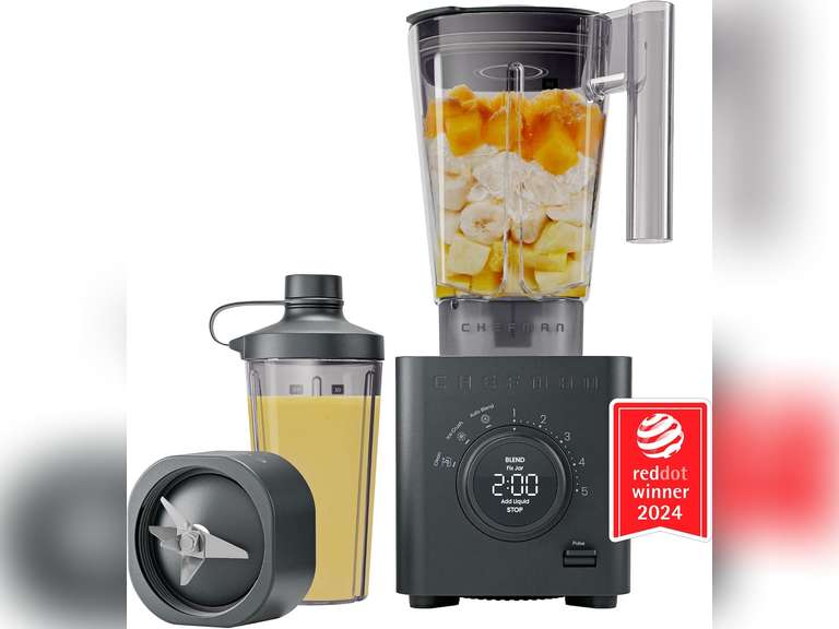Chefman Obliterator 48 oz Countertop Blender for Smoothies, 1380W Motor to Crush Ice, Nuts, and Frozen Fruit with Stainless Steel Blade, Auto Blend Function, Includes 20 oz Travel Jar - Midnight 120