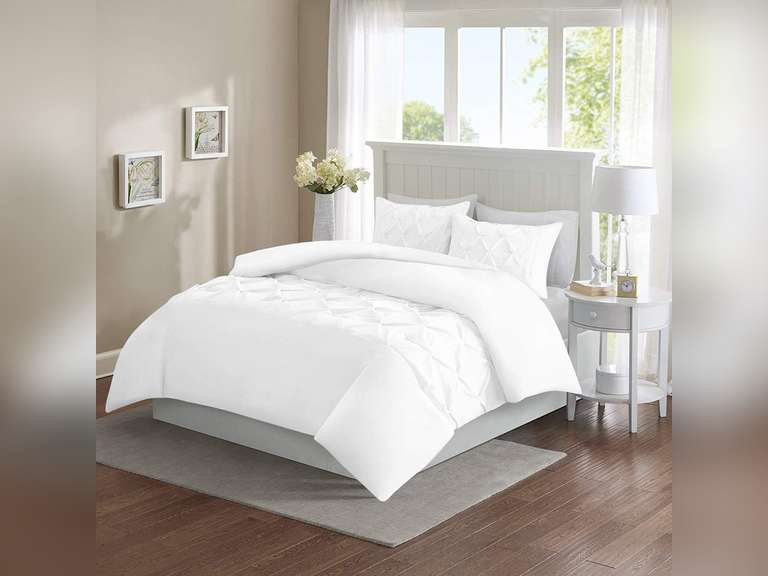 3 Piece Half Pinch Pleated Duvet Cover with Zipper Closure, 100% Egyptian Cotton, 800 Thread Cotton, Pintuck Duvet Cover, Oversized Super King White Solid 99