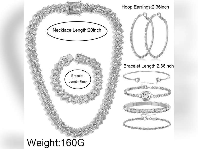 Hip Hop Cuban chain full Diamond necklace Rhinestone bracelet bracelet Gold and Silver women's Jewelry Women's earrings bracelet sets 15