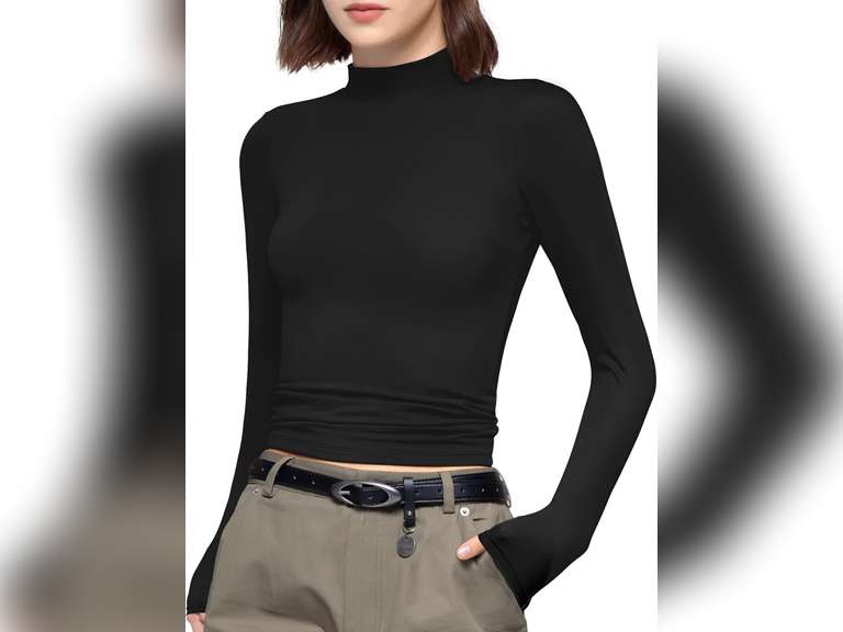 PUMIEY Women's Long Sleeve T Shirts Mock Turtleneck Slim Fit Tops Sexy Basic Tee Smoke Cloud Pro Collection, size M 26